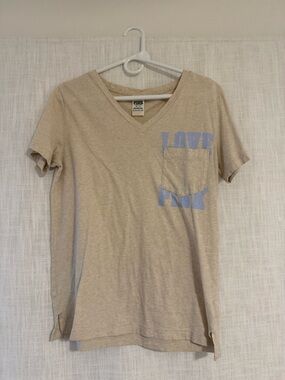 PINK Victoria's Secret Beige V-Neck Pocket Tee with Light Blue Logo